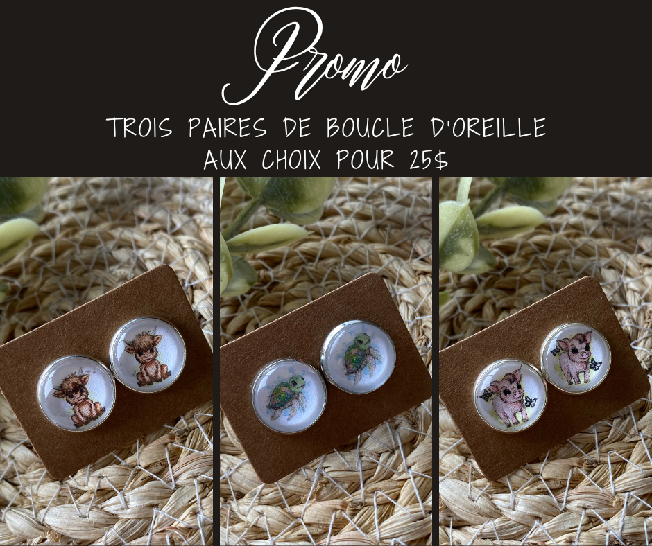 PROMO 3 PAIRES DE BOUCLES D'OREILLES AU CHOIX POUR 25$