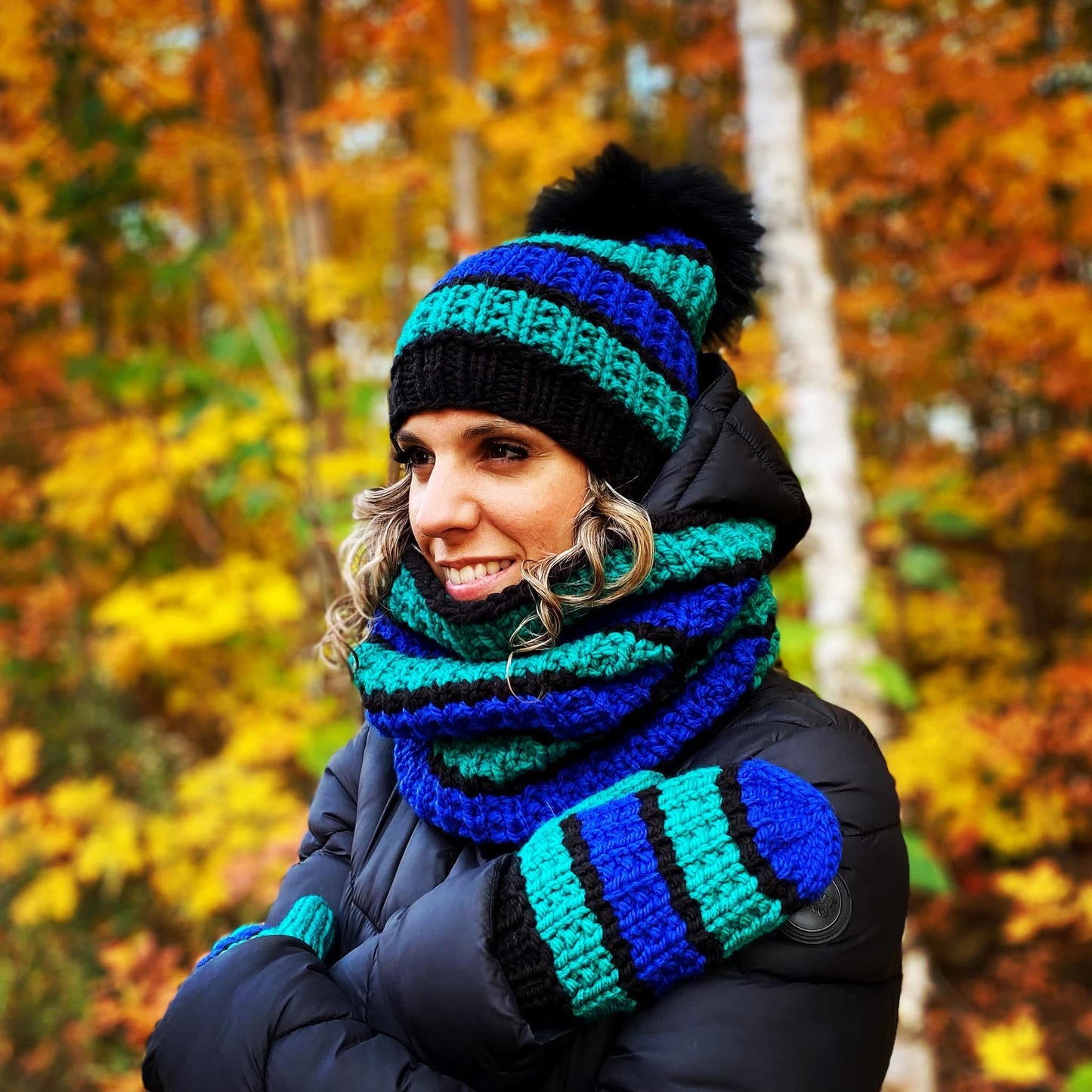 Prêt à partir modèle Esquimau, tuque, snood et mitaine